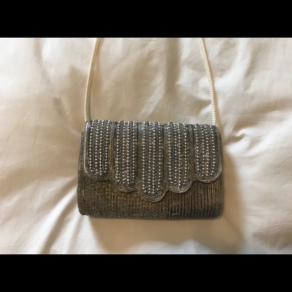 Silver Beaded Dress Clutch with Strap - Picture 2 of 3